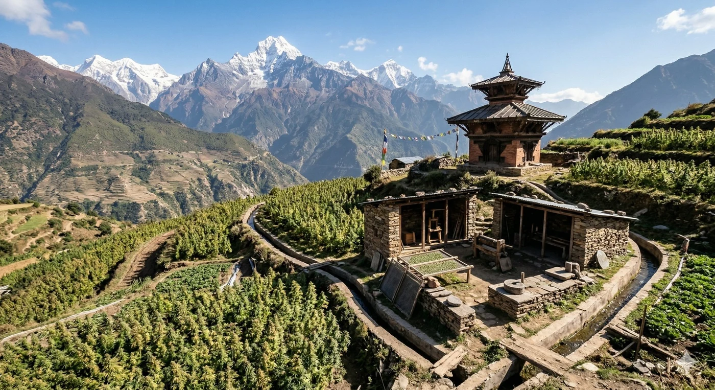 Traditional temple and cannabis fields in Langtang Valley, Nepal