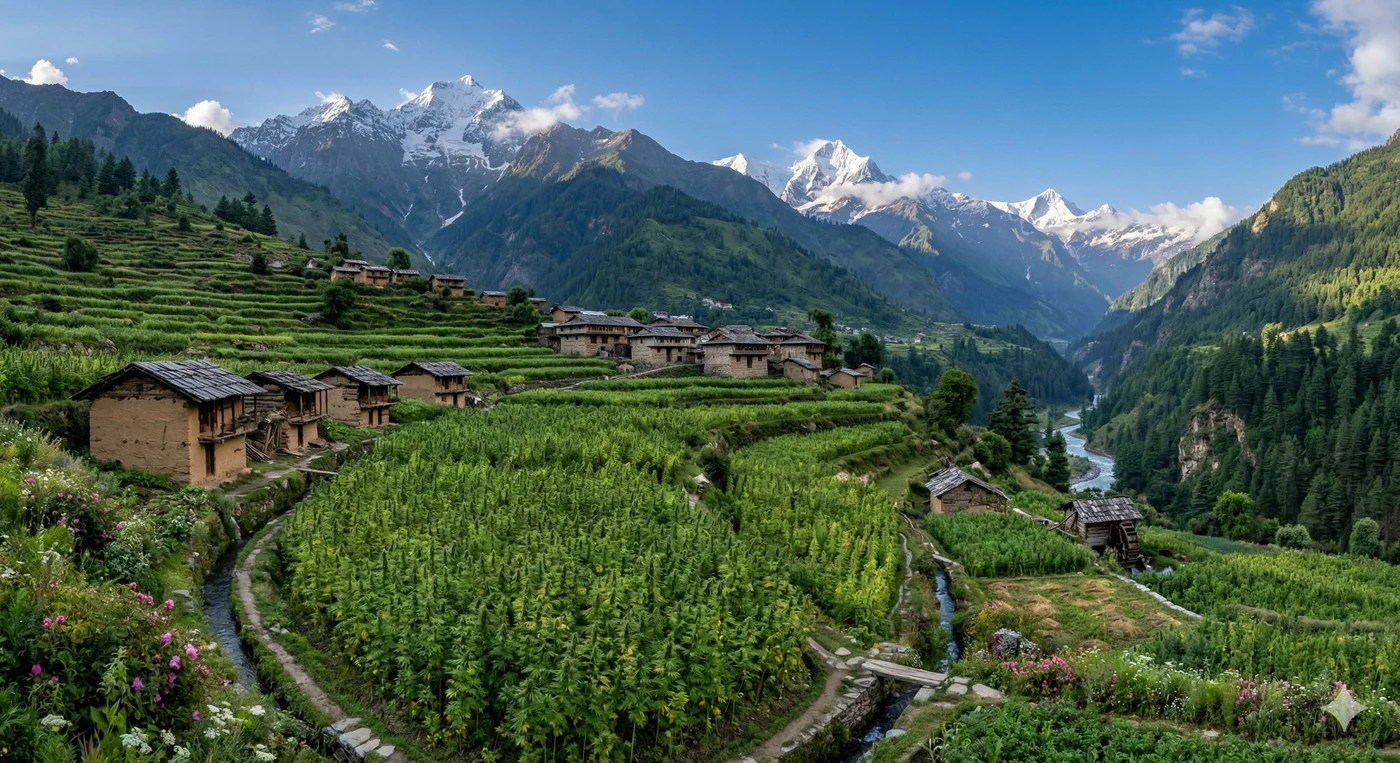 Terraced cannabis fields in the Himalayan valleys, India
